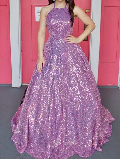 Sequin Halter Backless A-Line Long Ball Gown