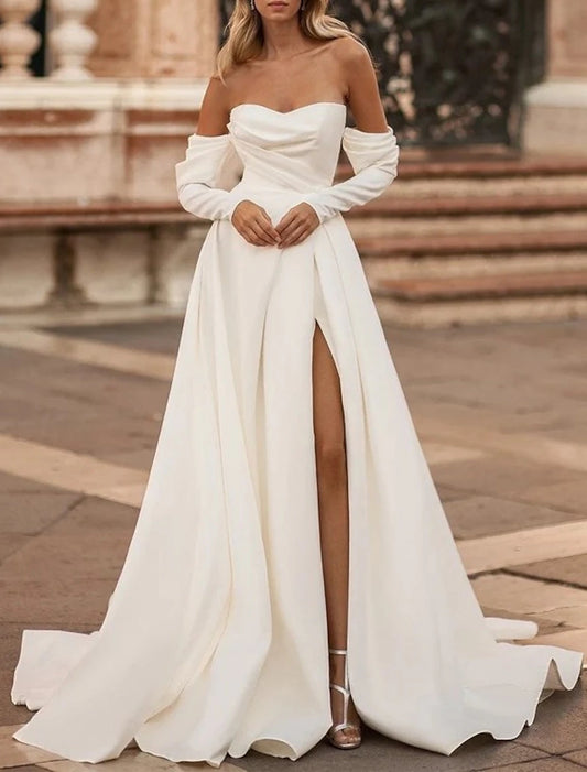 Fall November December Casual Wedding Dresses A-Line Off Shoulder Long Sleeve Court Train Satin Bridal Gowns Split Front Solid Color Split Fork Wedding Dresses