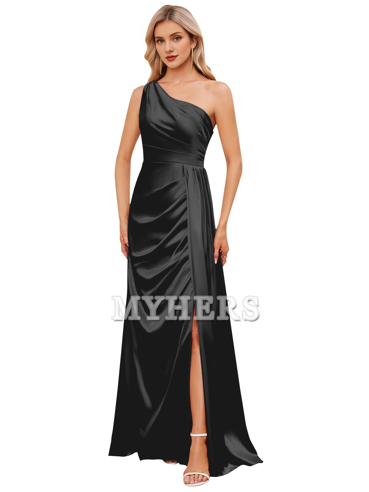 Charming One Shoulder Ruched Side Fork Backless Long Bridesmaid Dresses Wedding Guests Dresses