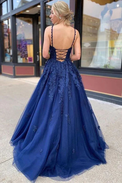 Lace Appliqués V-Neck Lace-Up A-Line Prom Dress