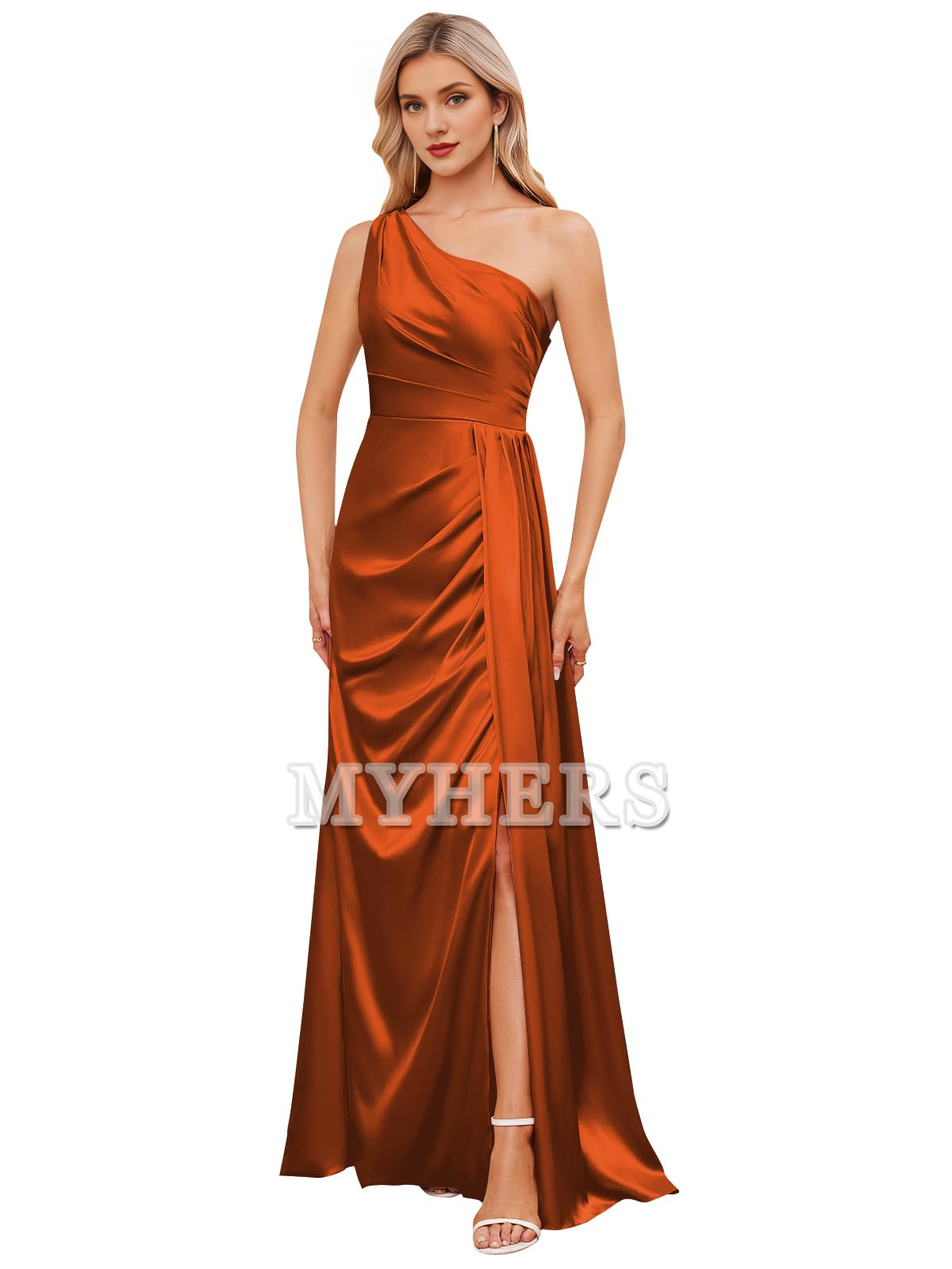 Charming One Shoulder Ruched Side Fork Backless Long Bridesmaid Dresses Wedding Guests Dresses