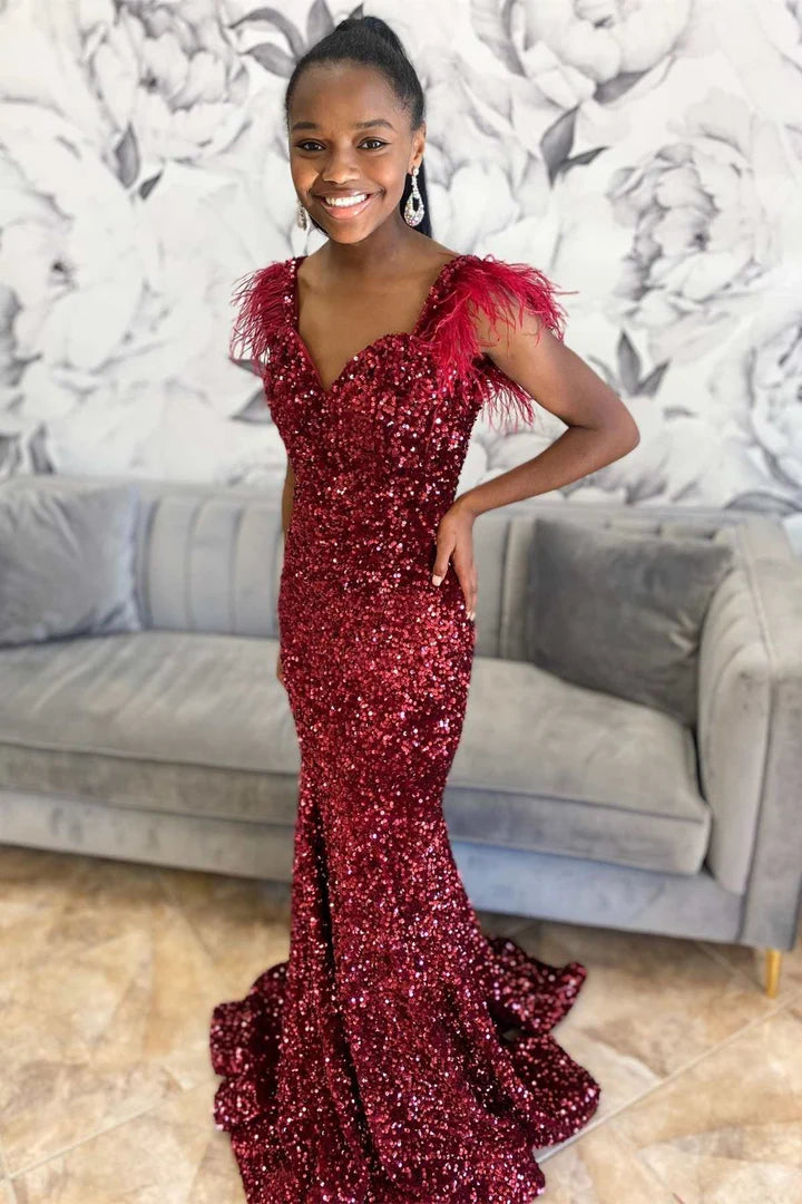 Sequin Feather Straps Mermaid Long Prom Dress