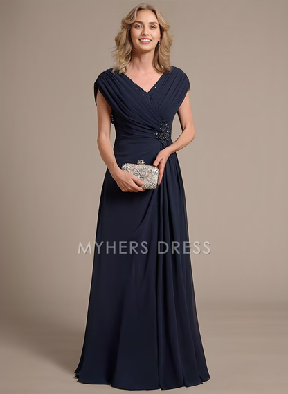 My Hers New Product Mother of The Bride Dress A Line V Neck Chiffon Ruched Long Elegant Fashion Dresses Wedding Guests Dresses