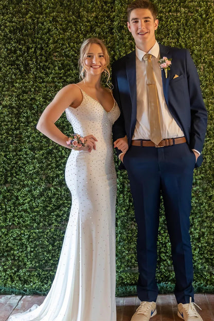 Beaded Mermaid V Neck Straps Long Prom Dress with Slit