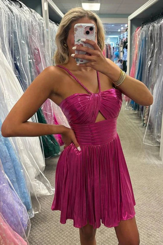 Metallic Spaghetti Strap Pleated A-Line Homecoming Dress