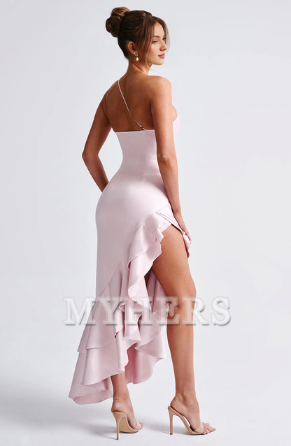 Exquisite Double Frill Hem Gathered Shoulder Asymmetric Gathering Waist Unique Fashion Dresses Bridesmaid Dresses Wedding Guests Dresses