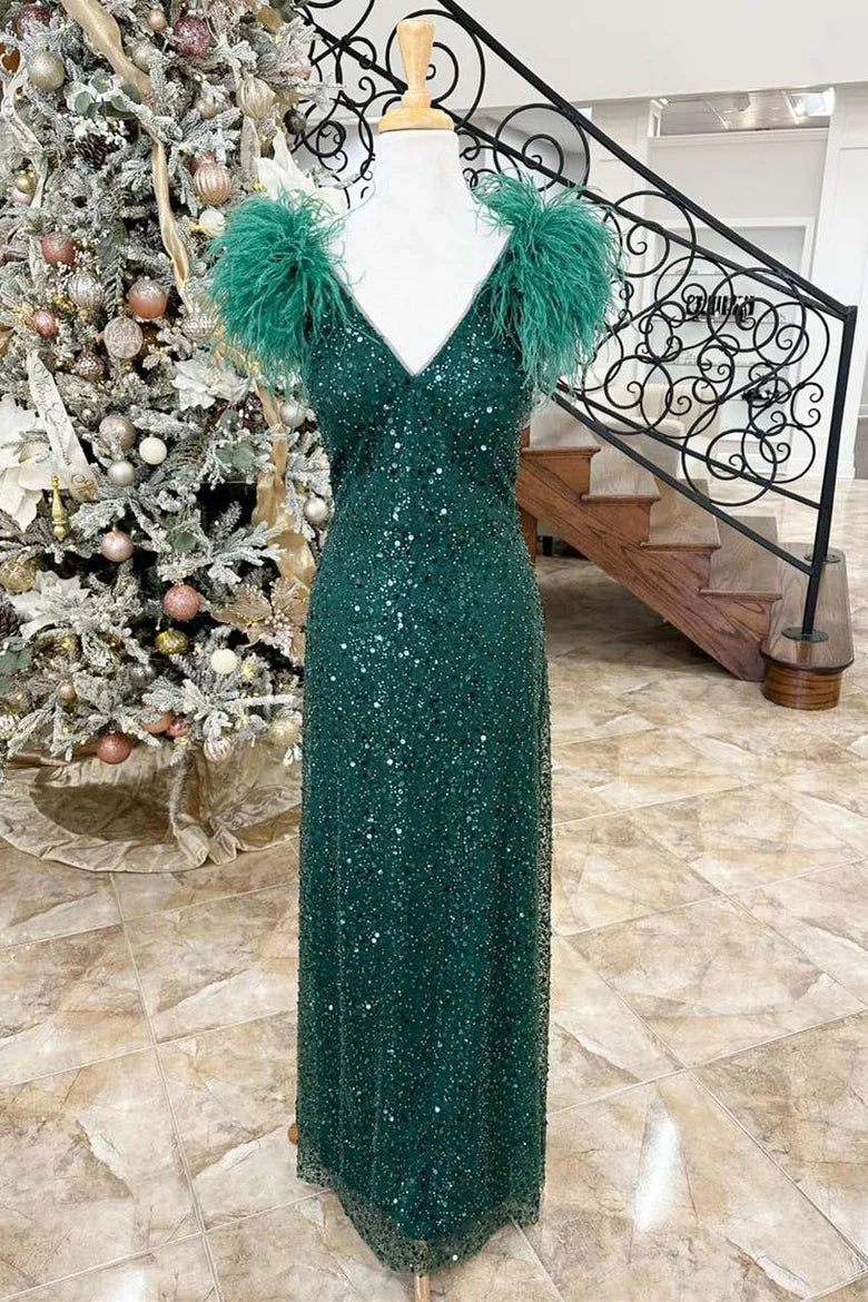Sequin Feather V-Neck Long Formal Dress