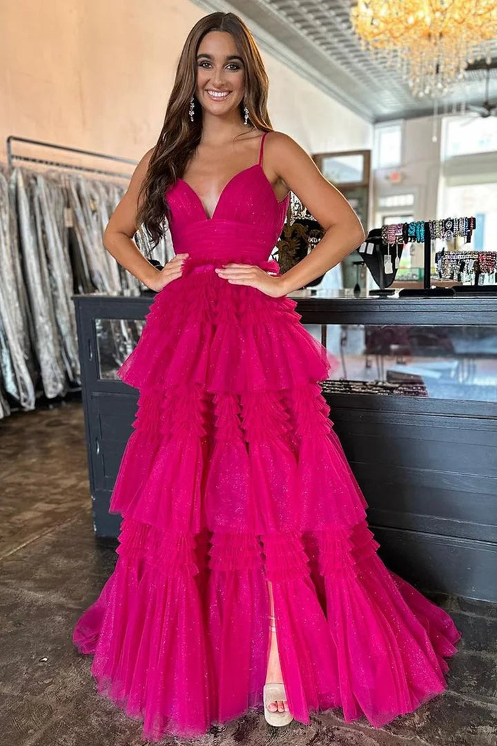 Tulle Multi-Tiered V-Neck Long Prom Dress