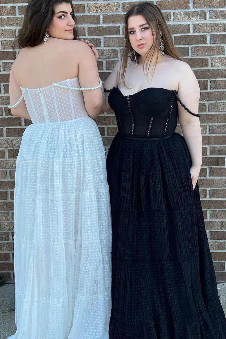 Polka Dot Sweetheart A-Line Long Prom Dress with Pearl Straps
