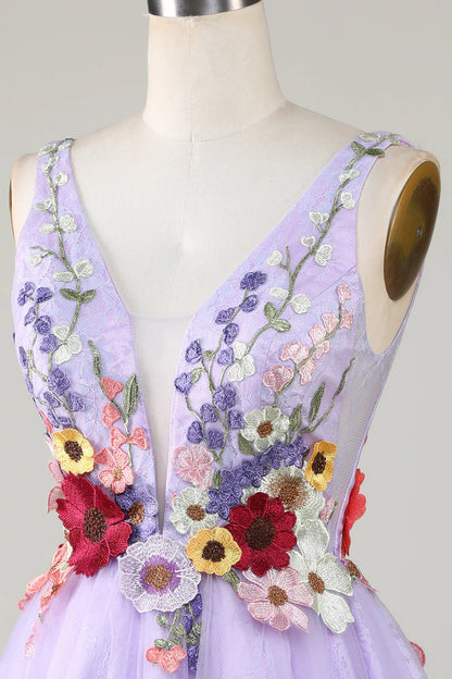 3D Floral V-Neck Backless Homecoming Dress