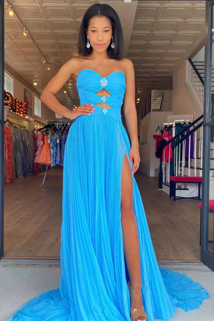 Beaded Strapless Cutout Long Prom Dress with Balloon Sleeves