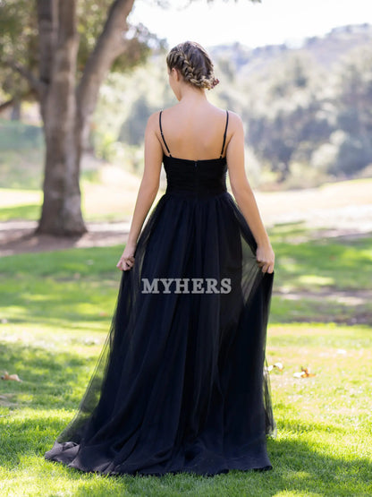 Formal Women's Dresses Wedding Guest Dresses Spaghetti Strap Deep V-neck Tulle Sweep Train Prom Dress Romantic Atmosphere Evening Dress