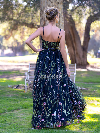 Formal Women's Dresses Wedding Guest Dresses V-Neck Spaghetti Straps Applique Tulle Floor Length Sweet Prom Dress Elegant Fantastic Evening Dress