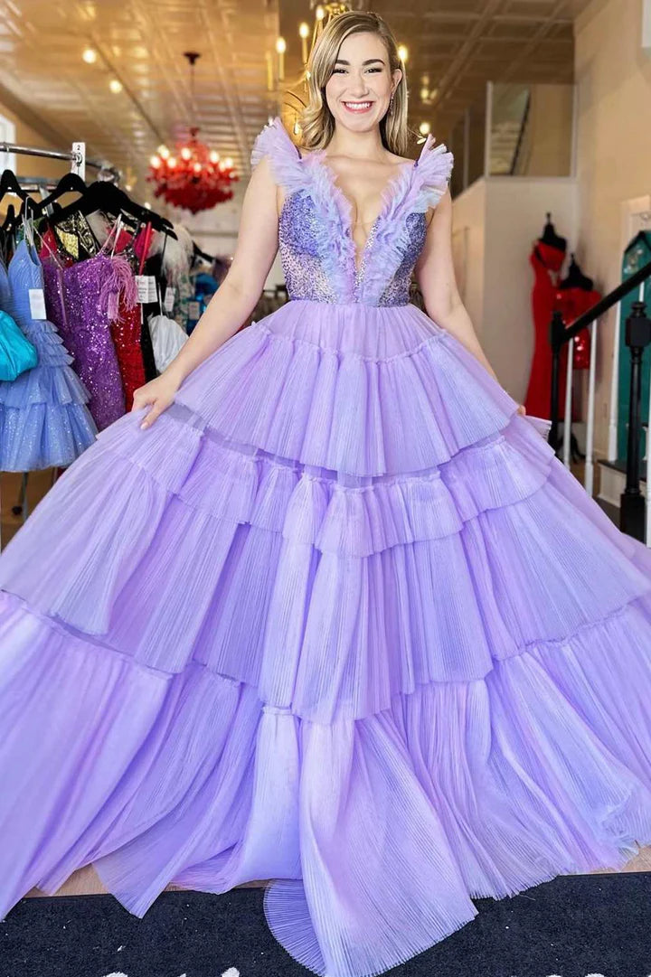 Beaded Plunge V Tiered A-Line Prom Gown with Ruffles