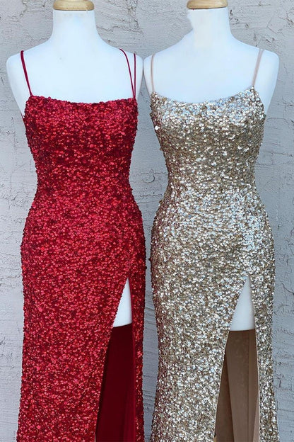Spaghetti Straps  Sequins Mermaid Long Formal Dress