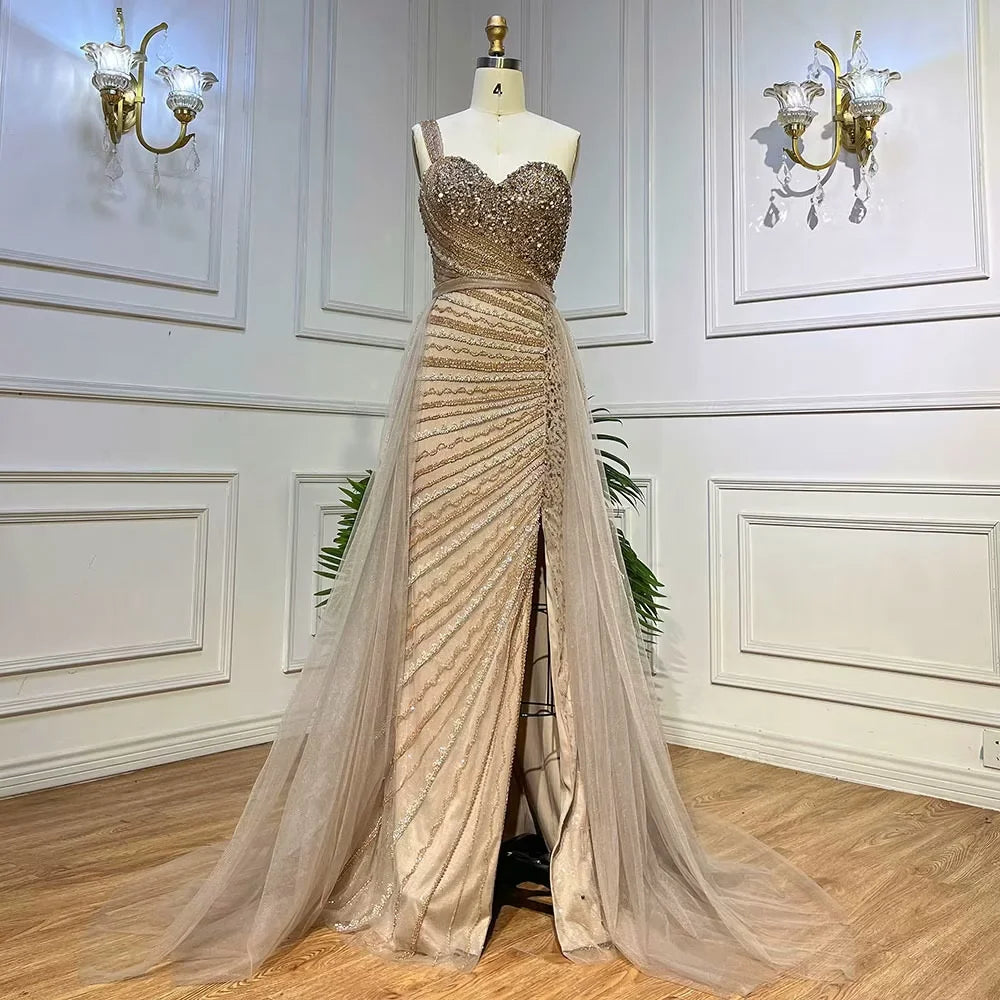 Sheath Mermaid Trumpet  Sweep/Brush Train Dresses One shoulder Prom Dress With Bead Embroidery