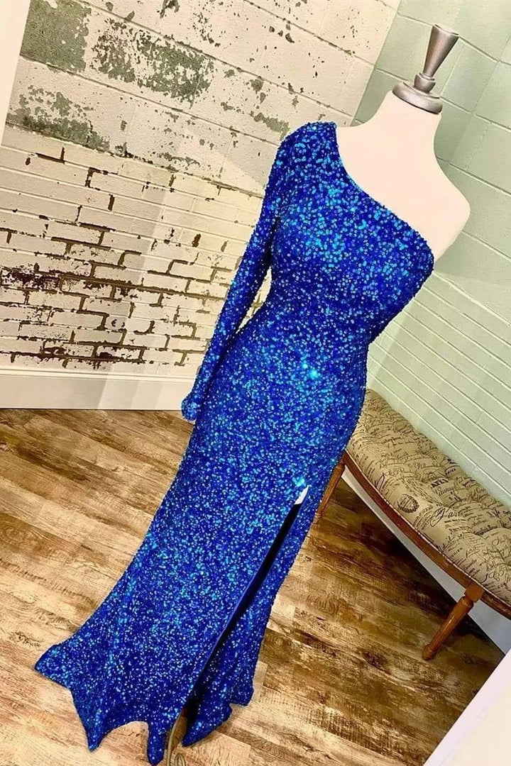 One-shoulder Long Sleeve Tiffany  Sequins Long Formal Dress