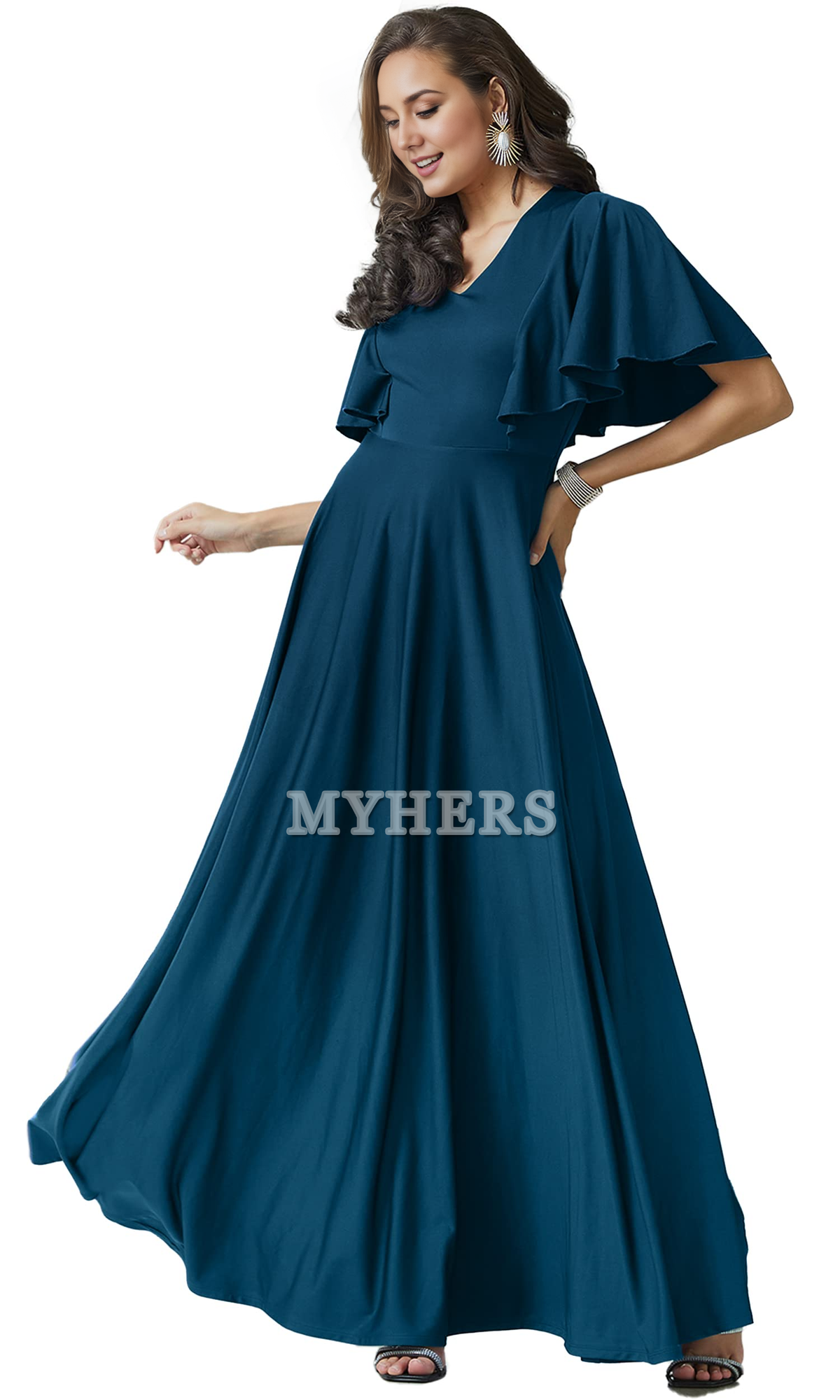 A Line V Neck Flutter Sleeve Long Elegant Bridesmaid Dresses Wedding Guests Dresses