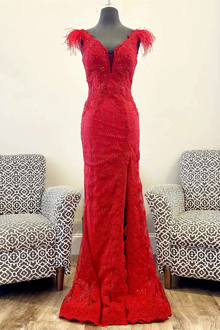 Feather Plunge V Mermaid Long Formal Dress with Slit