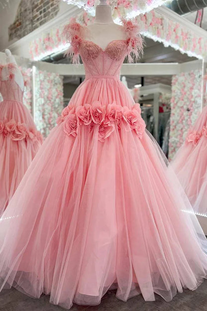 Lace Feather Off-the-Shoulder A-Line Long Prom Dress with 3D Floral Lace