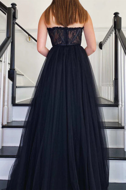 Tulle Strapless A-Line Long Prom Dress