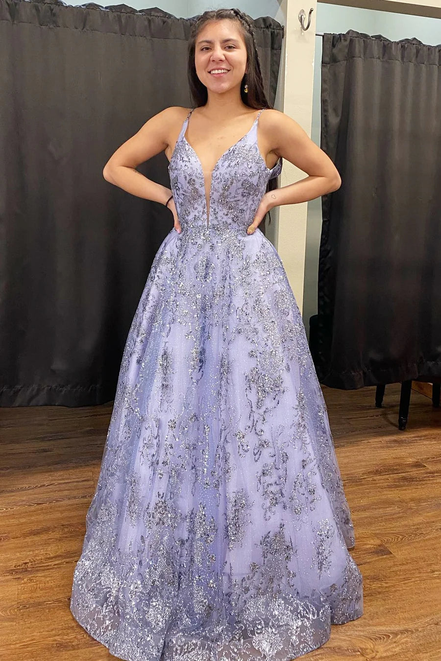 Tulle Sequin Plunge V A-Line Long Prom Dress