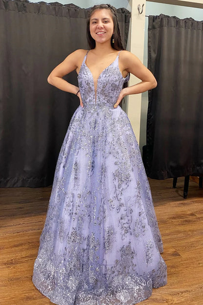 Tulle Sequin Plunge V A-Line Long Prom Dress