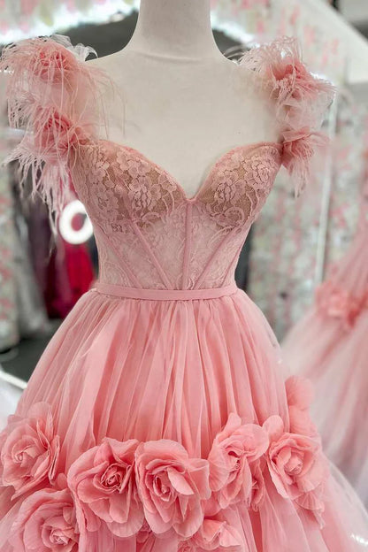 Lace Feather Off-the-Shoulder A-Line Long Prom Dress with 3D Floral Lace