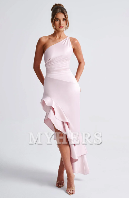 Exquisite Double Frill Hem Gathered Shoulder Asymmetric Gathering Waist Unique Fashion Dresses Bridesmaid Dresses Wedding Guests Dresses