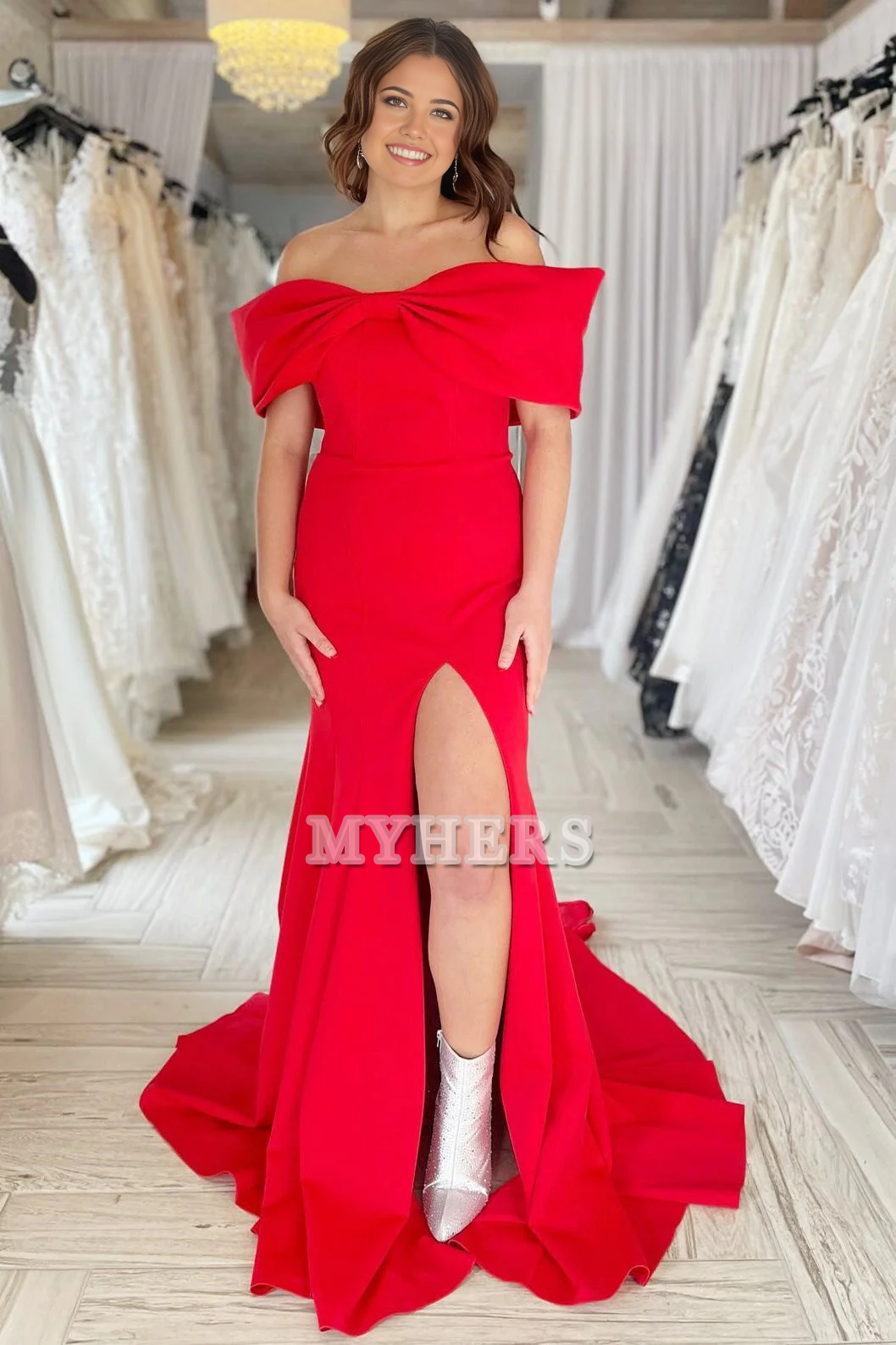 Formal Wear Dresses Wedding Guest Dresses Off-the-Shoulder Bow Mermaid Cultivate oneself Gown with Slit Elegant Exquisite Evening Dress