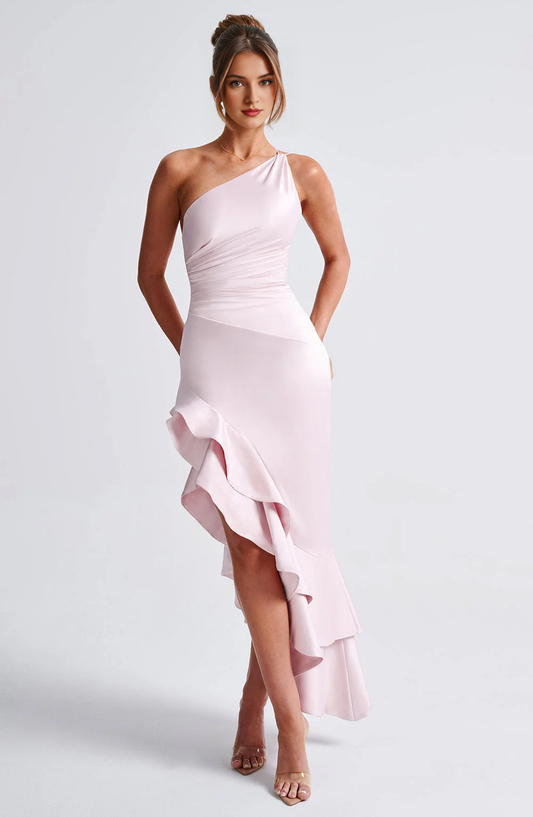 Exquisite Double Frill Hem Gathered Shoulder Asymmetric Gathering Waist Unique Fashion Dresses Bridesmaid Dresses Wedding Guests Dresses