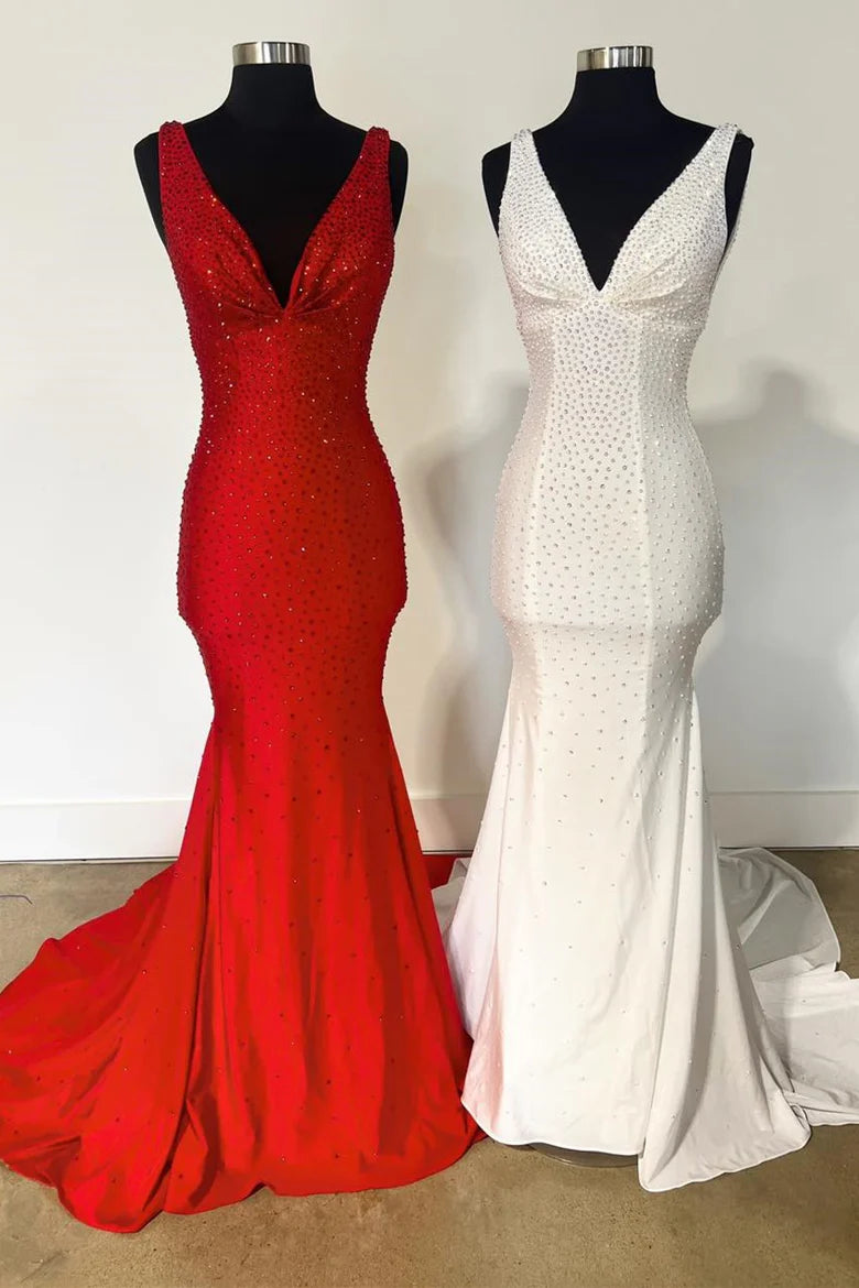 Beaded V-Neck Trumpet Long Prom Gown