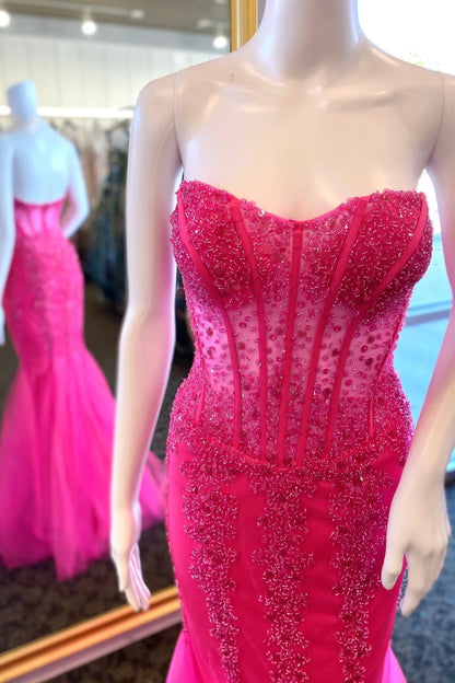 Tulle Beaded Strapless Mermaid Long Formal Dress