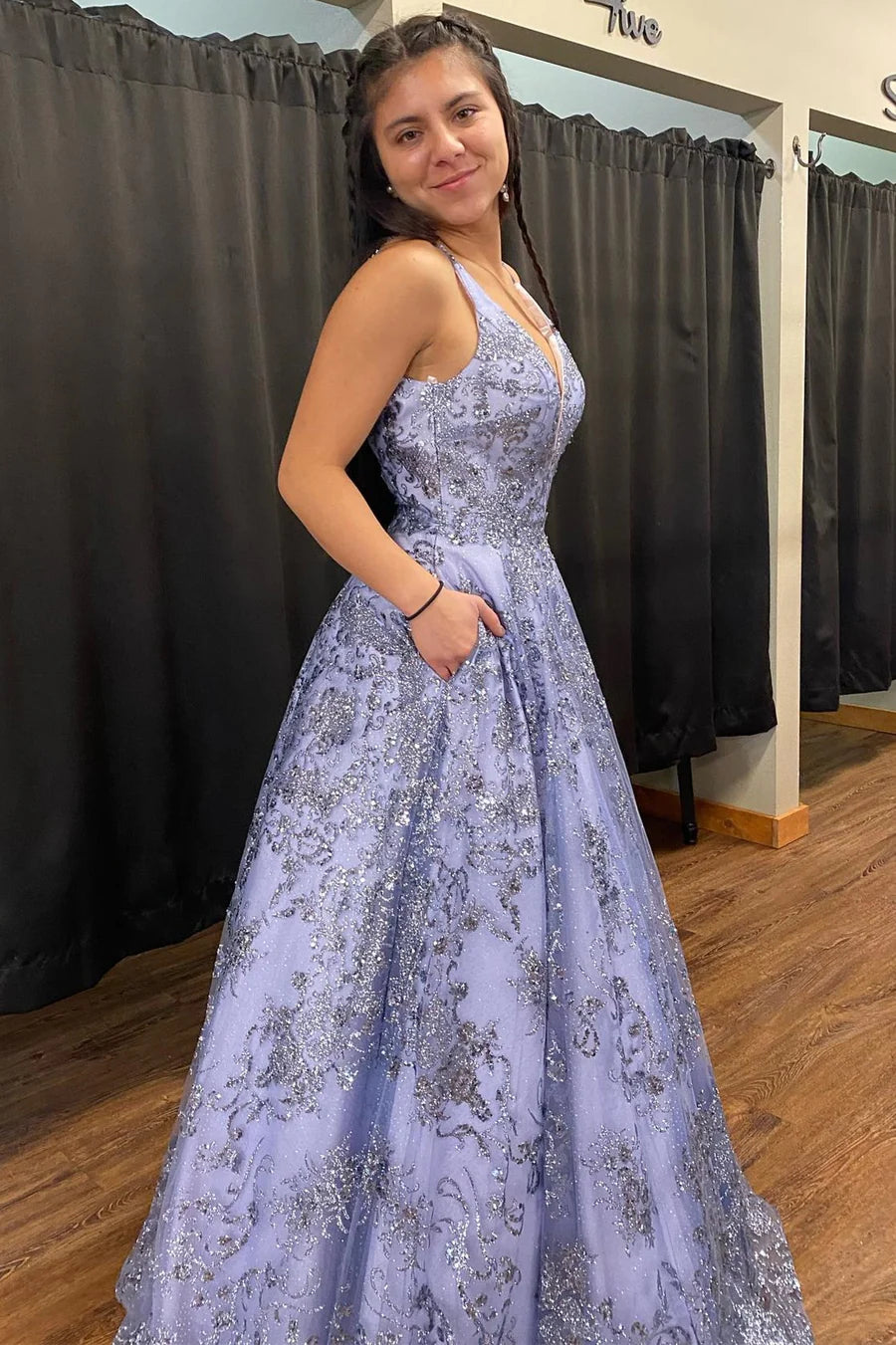 Tulle Sequin Plunge V A-Line Long Prom Dress