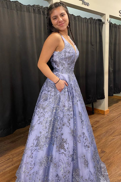 Tulle Sequin Plunge V A-Line Long Prom Dress