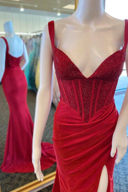 Beaded V-Neck Backless Mermaid Long Prom Dress