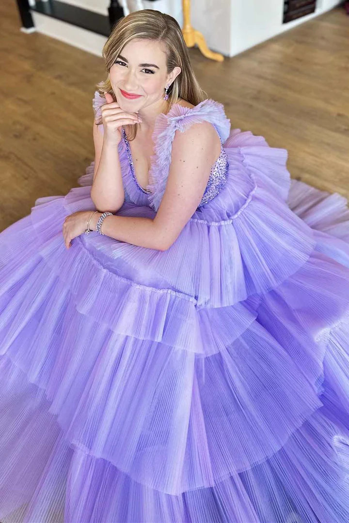 Beaded Plunge V Tiered A-Line Prom Gown with Ruffles