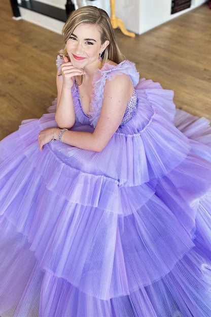 Beaded Plunge V Tiered A-Line Prom Gown with Ruffles