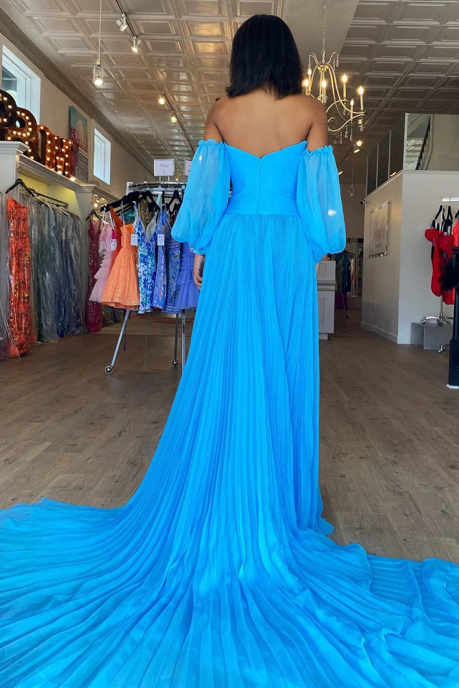Beaded Strapless Cutout Long Prom Dress with Balloon Sleeves