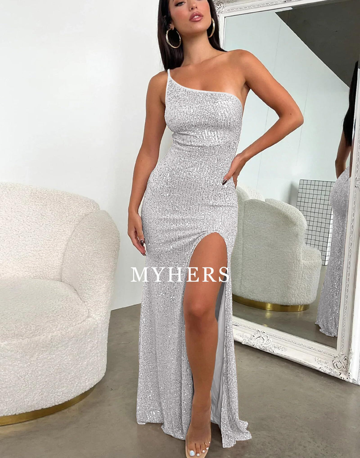 Formal Wear Dresses Sexy Sequin One Shoulder Backless Side Slit Bodycon Sparkly Glitter Evening Party Charming Prom Dress