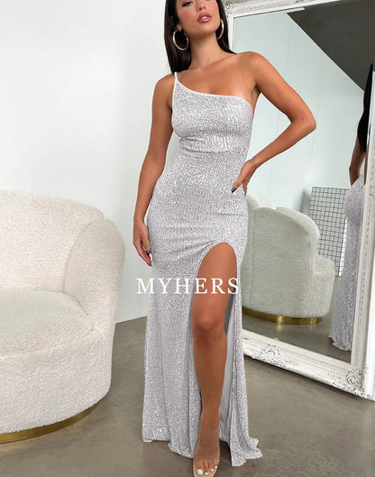 Formal Wear Dresses Sexy Sequin One Shoulder Backless Side Slit Bodycon Sparkly Glitter Evening Party Charming Prom Dress