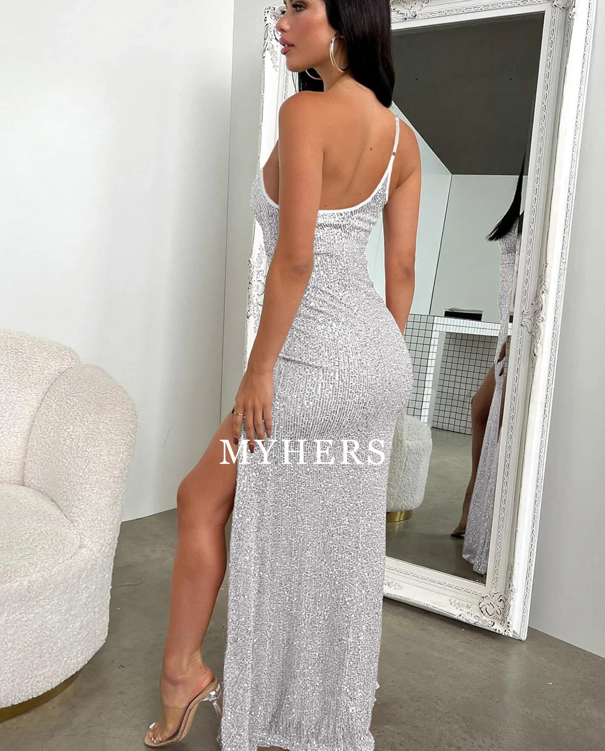 Formal Wear Dresses Sexy Sequin One Shoulder Backless Side Slit Bodycon Sparkly Glitter Evening Party Charming Prom Dress