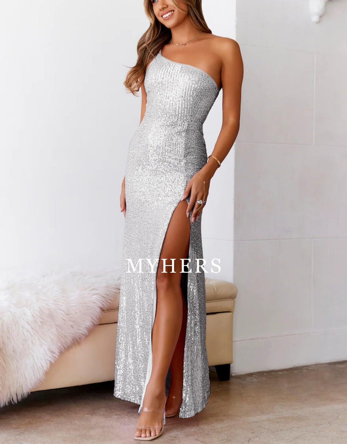 Formal Wear Dresses Sexy Sequin One Shoulder Backless Side Slit Bodycon Sparkly Glitter Evening Party Charming Prom Dress