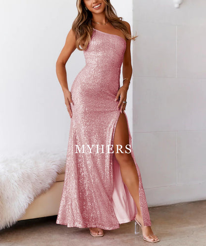 Formal Wear Dresses Sexy Sequin One Shoulder Backless Side Slit Bodycon Sparkly Glitter Evening Party Charming Prom Dress