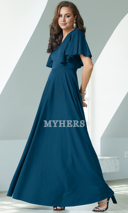 A Line V Neck Flutter Sleeve Long Elegant Bridesmaid Dresses Wedding Guests Dresses