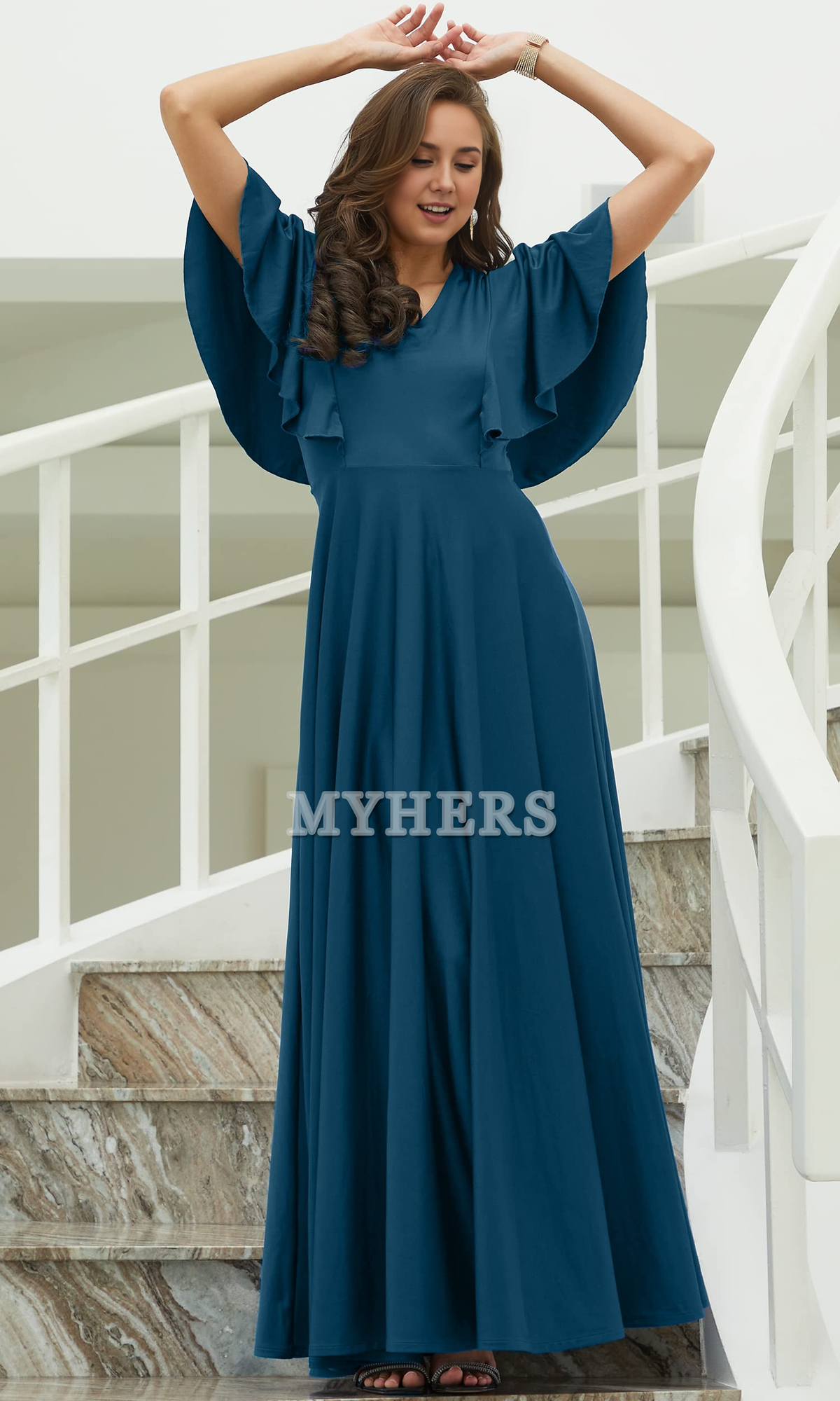 A Line V Neck Flutter Sleeve Long Elegant Bridesmaid Dresses Wedding Guests Dresses
