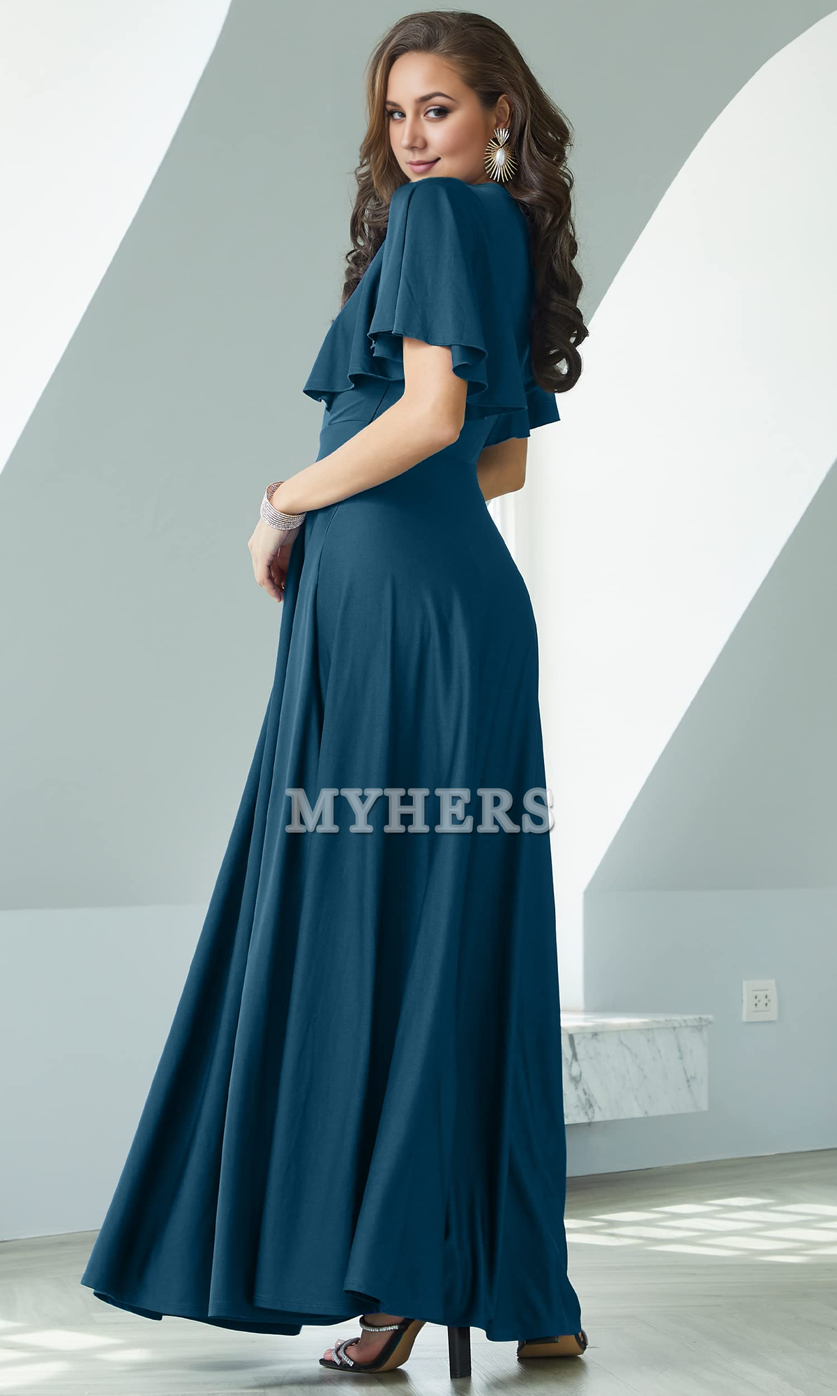 A Line V Neck Flutter Sleeve Long Elegant Bridesmaid Dresses Wedding Guests Dresses