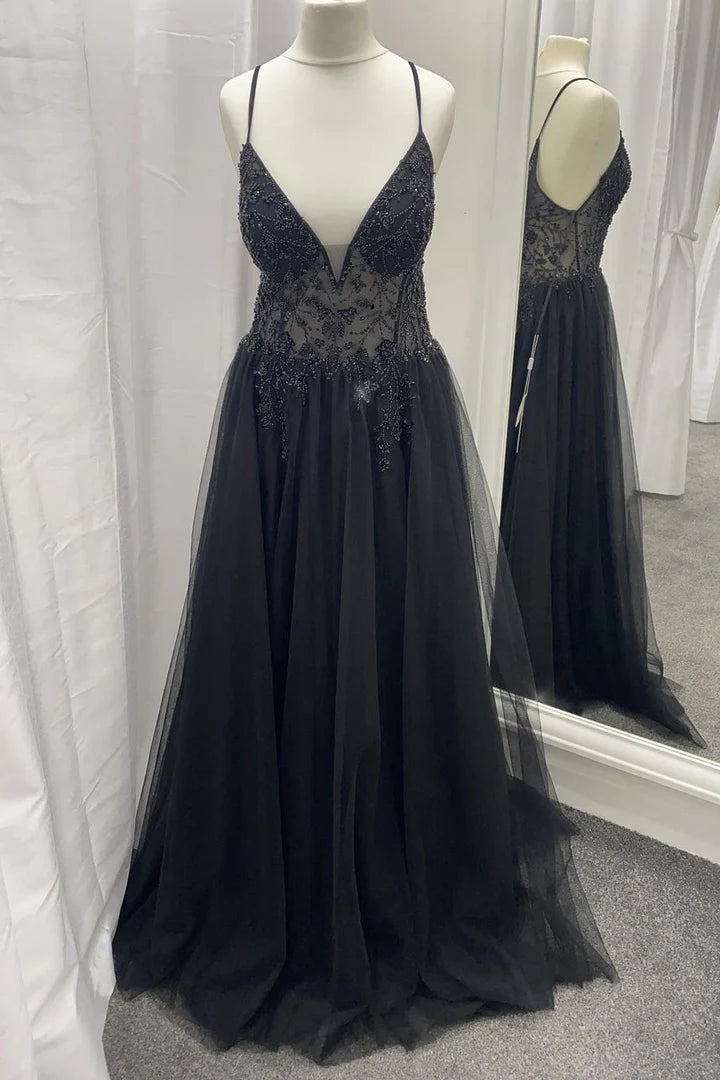 Elegant  Tulle Beaded V-Neck Long Prom Dress
