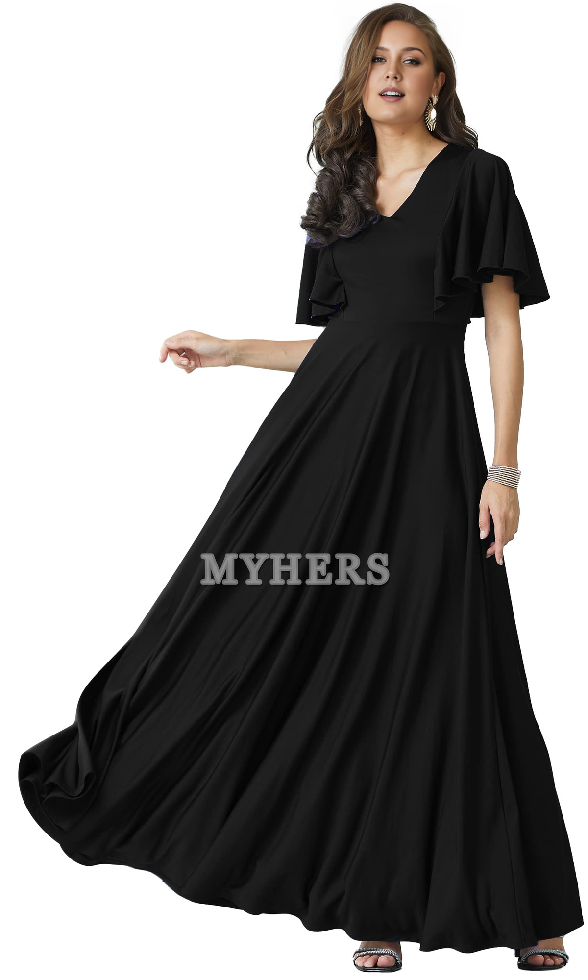 A Line V Neck Flutter Sleeve Long Elegant Bridesmaid Dresses Wedding Guests Dresses