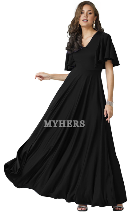 A Line V Neck Flutter Sleeve Long Elegant Bridesmaid Dresses Wedding Guests Dresses